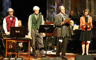 Sound effects men, Tom Keith and Fred Newman with Tim Russell and Sue Scott performing on Garrison Keillor's radio variety show.